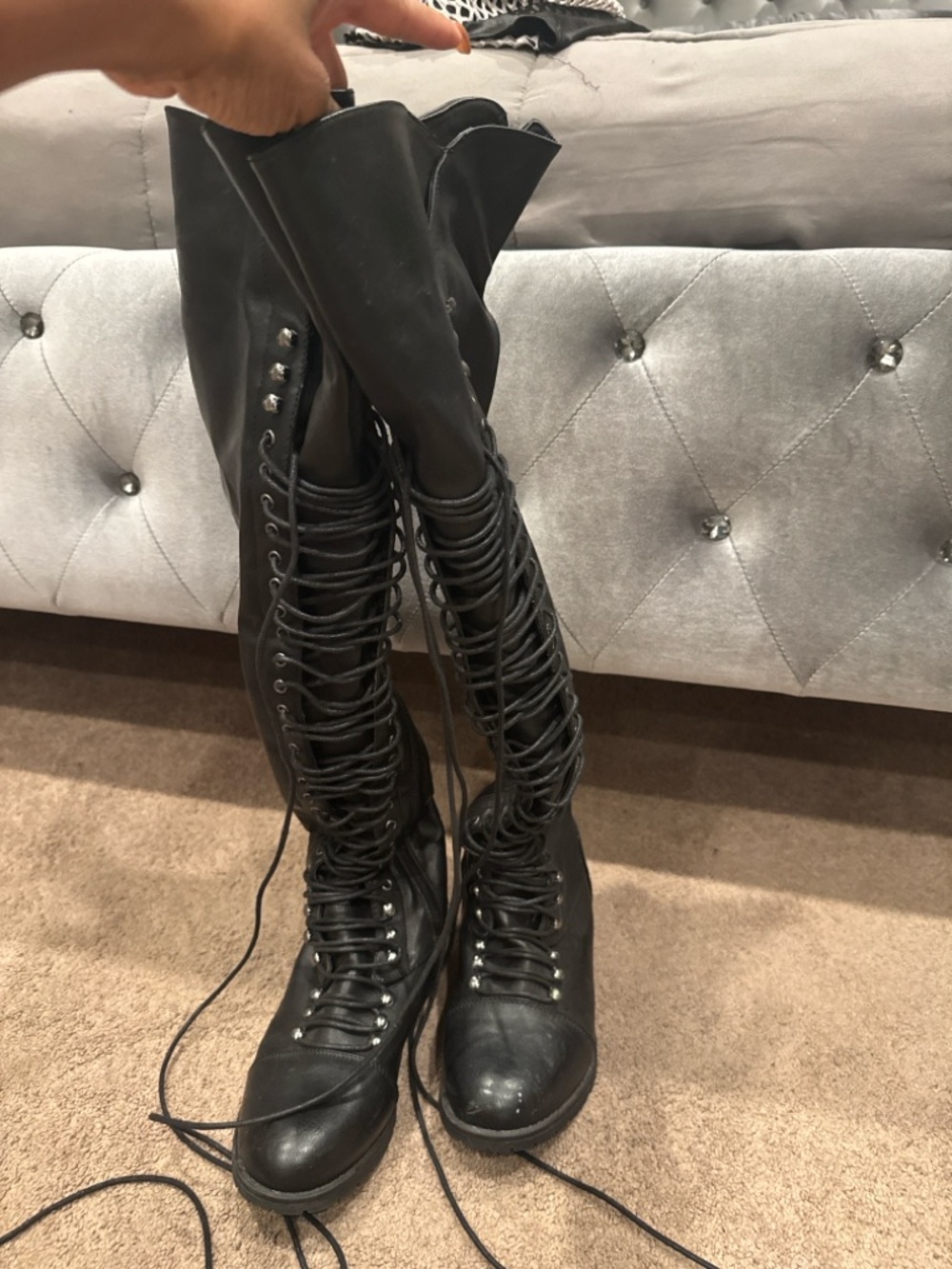 Black Knee High Lace Up Combat Boots Size 8